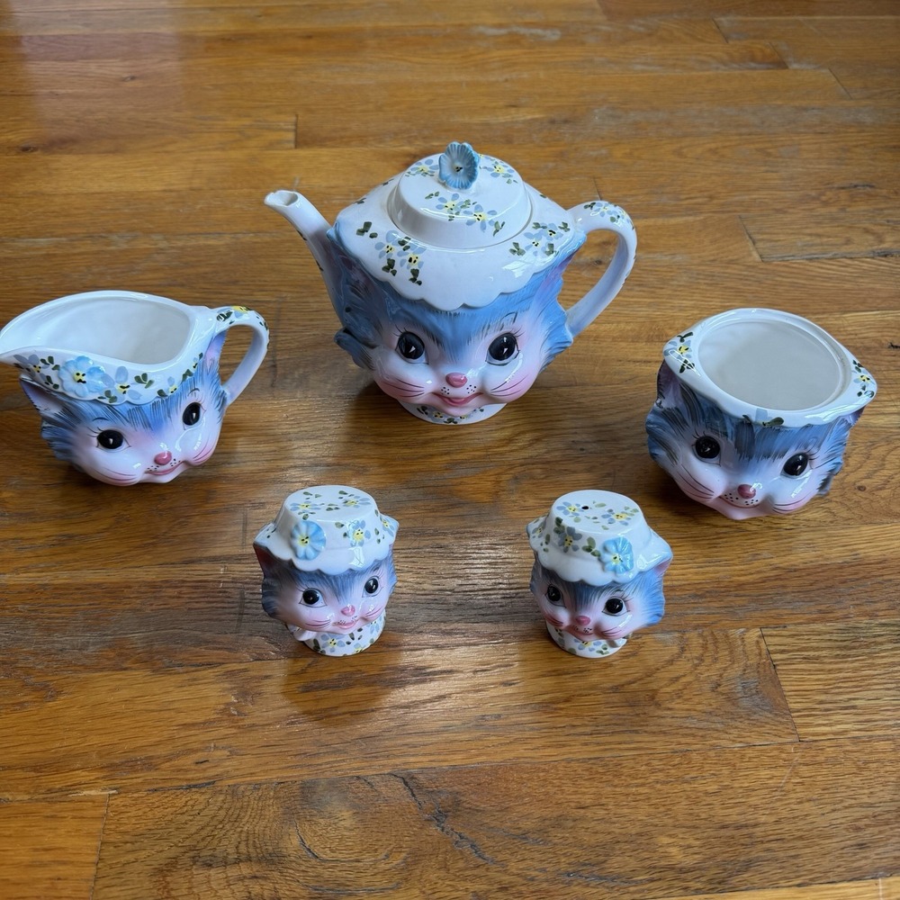 Vintage 50's 5 Piece  Lefton "Miss Priss" Blue Kitty Tea Set